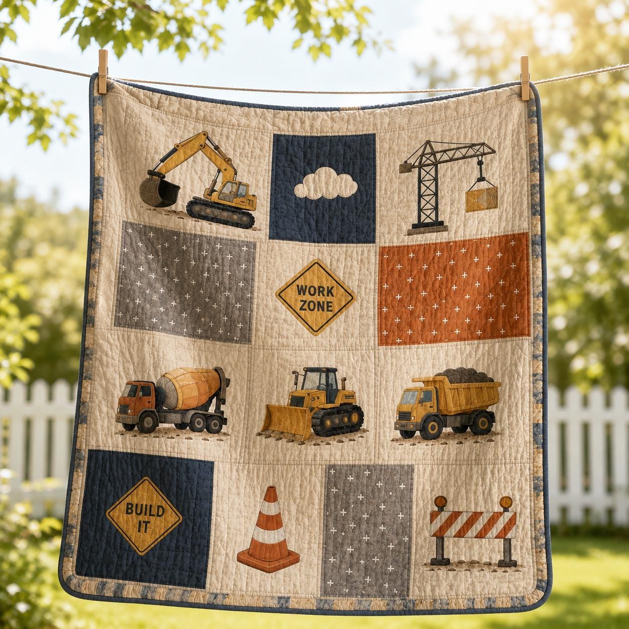 Construction Quilt Style Blanket with Cute Excavator Dump Truck Bedding and Kids Boy Nursery Patchwork Throw, Toddler Work Zone Playroom Decor Gift - photo 9