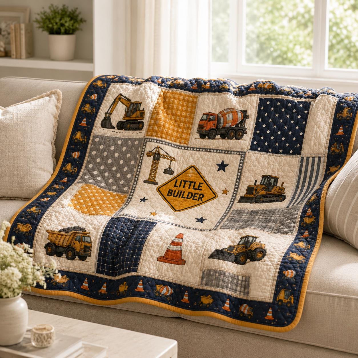 Construction Quilt Style Blanket with Cute Excavator Dump Truck Bedding and Kids Boy Nursery Patchwork Throw, Toddler Work Zone Playroom Decor Gift - photo 10