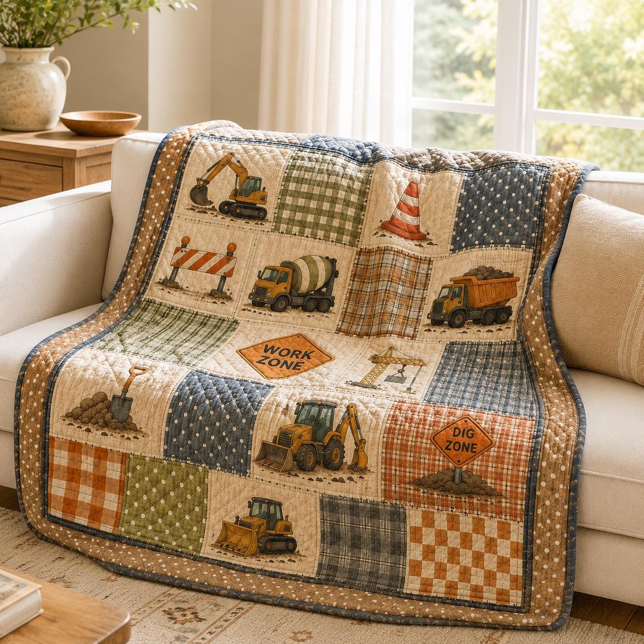 Construction Quilt Style Blanket with Cute Excavator Dump Truck Bedding and Kids Boy Nursery Patchwork Throw, Toddler Work Zone Playroom Decor Gift - photo 11