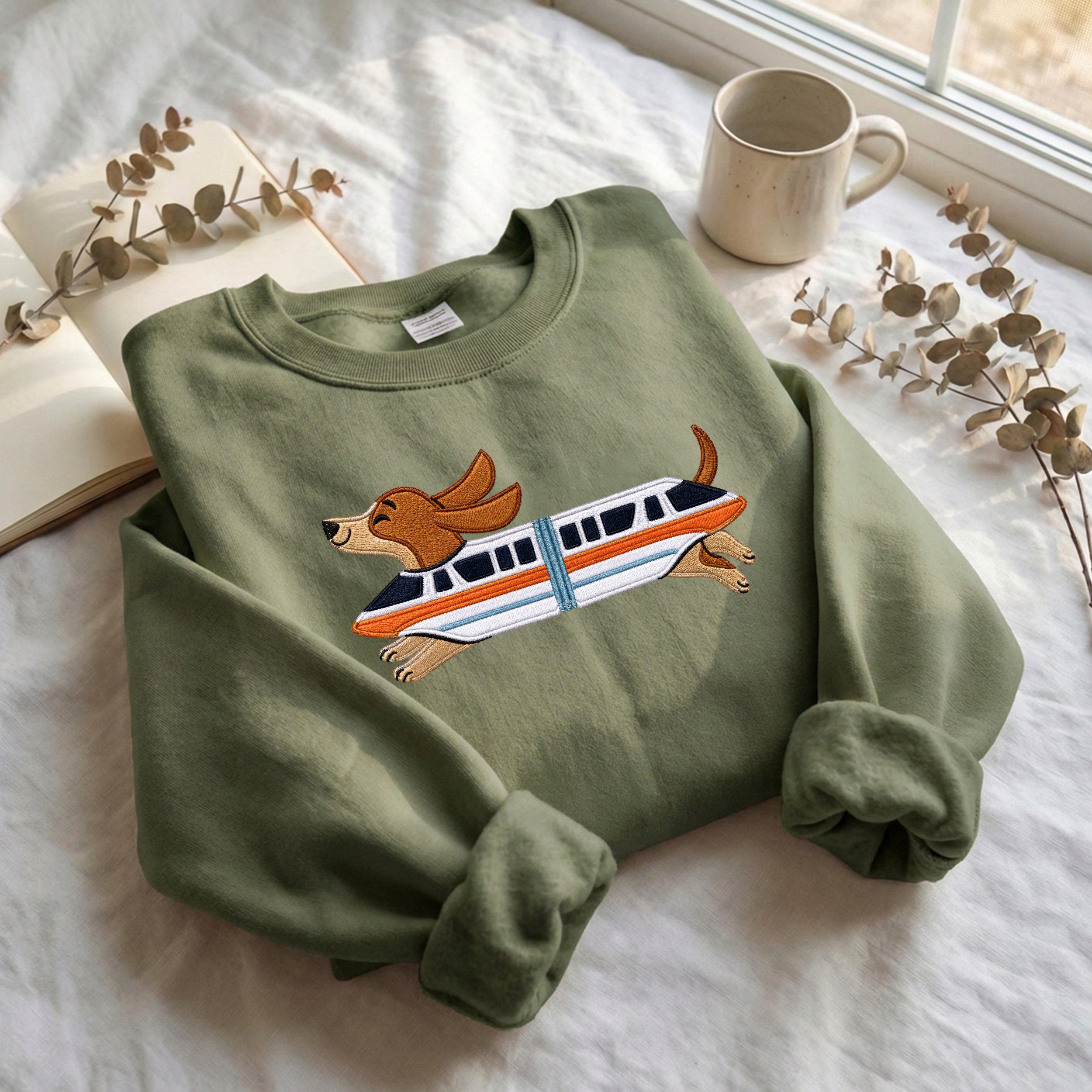 Cute Doxie Monorail Embroidered Sweatshirt – Retro Theme Sausage Dog Shirt and Dachshund Lover Gift for Park Fans - photo 15