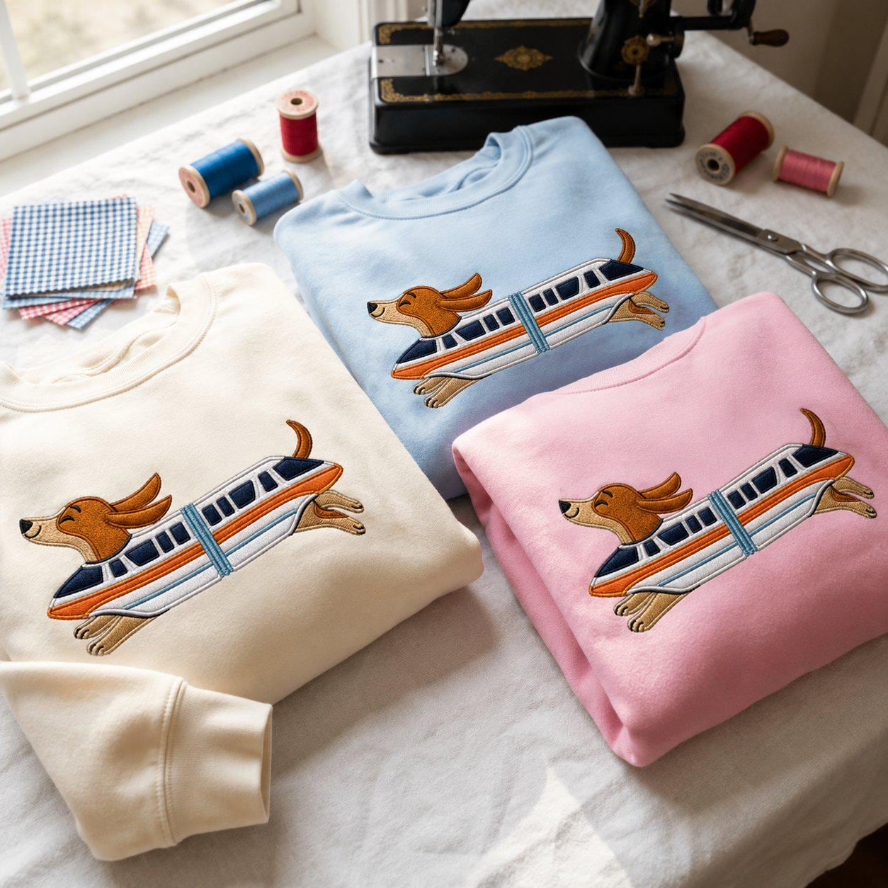 Retro Monorail Dachshund Embroidered Sweater – Disney World Vacation Shirt and Doxie Lover Gift for Dog People