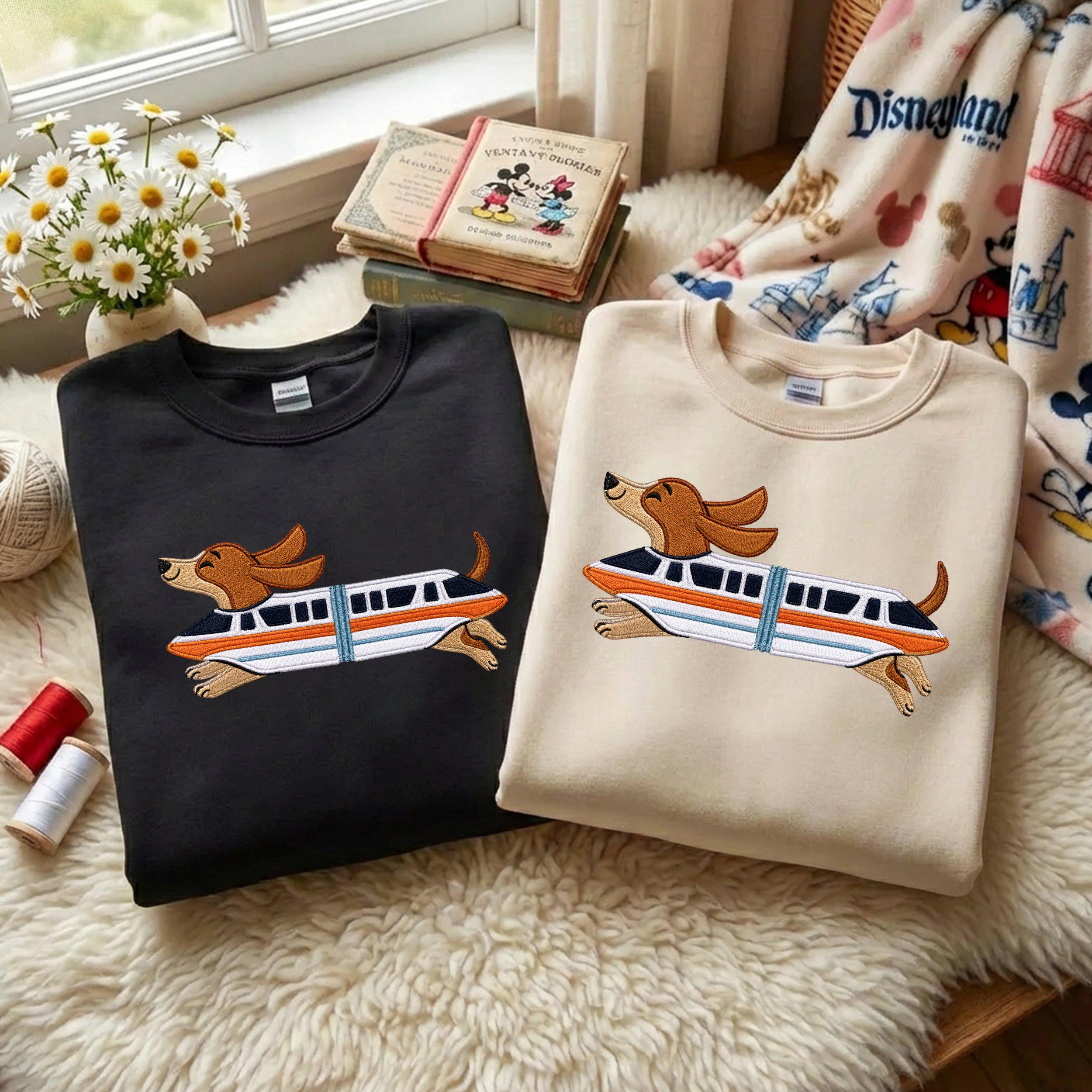 Retro Monorail Dachshund Embroidered Sweater – Disney World Vacation Shirt and Doxie Lover Gift for Dog People - photo 3