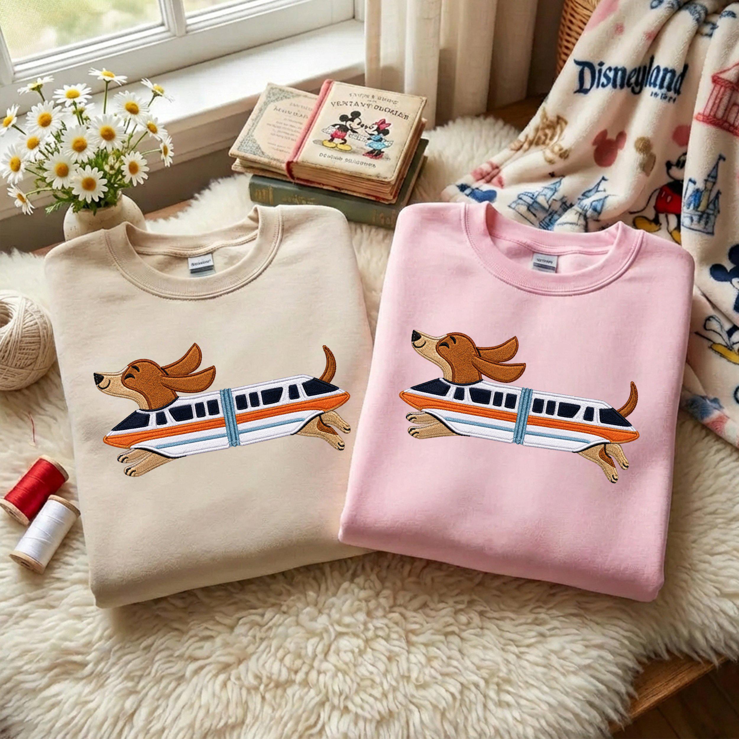 Retro Monorail Dachshund Embroidered Sweater – Disney World Vacation Shirt and Doxie Lover Gift for Dog People - photo 4