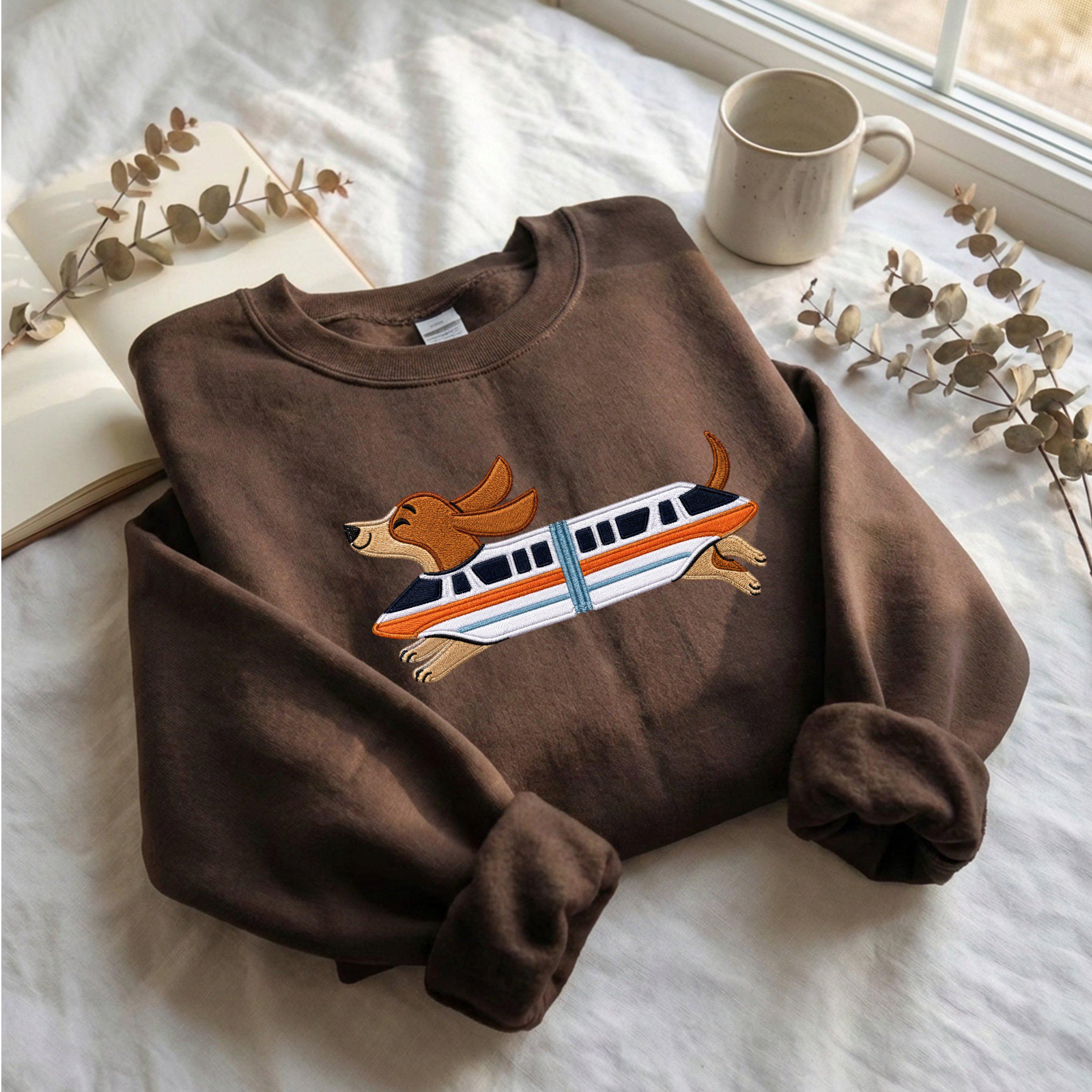 Retro Monorail Dachshund Embroidered Sweater for a Disney World Vacation – Doxie Lover Gift Shirt