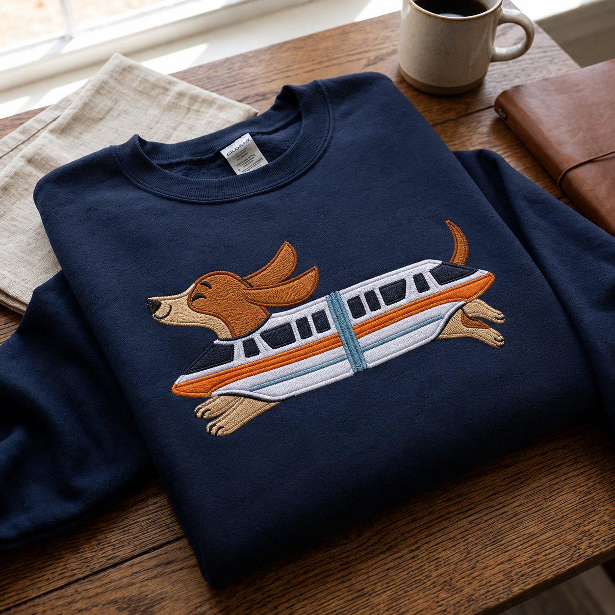 Retro Monorail Dachshund Embroidered Sweater for a Disney World Vacation – Doxie Lover Gift Shirt - photo 20