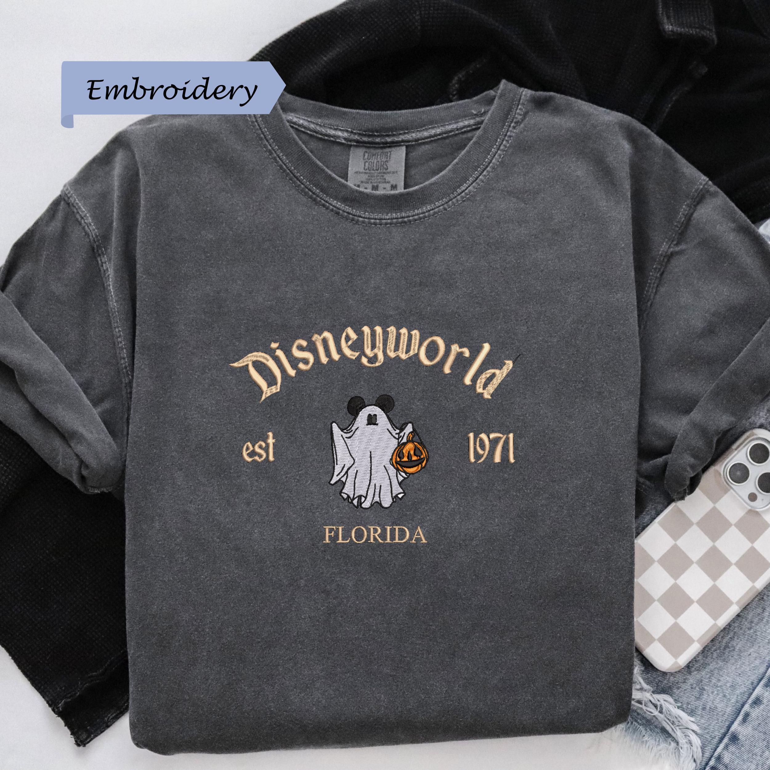 Disneyworld Est 1971 Ghost Shirt With Embroidered Mickey Halloween Design – Florida Pumpkin Spooky Season Comfort Colors Tee and Park Outfit