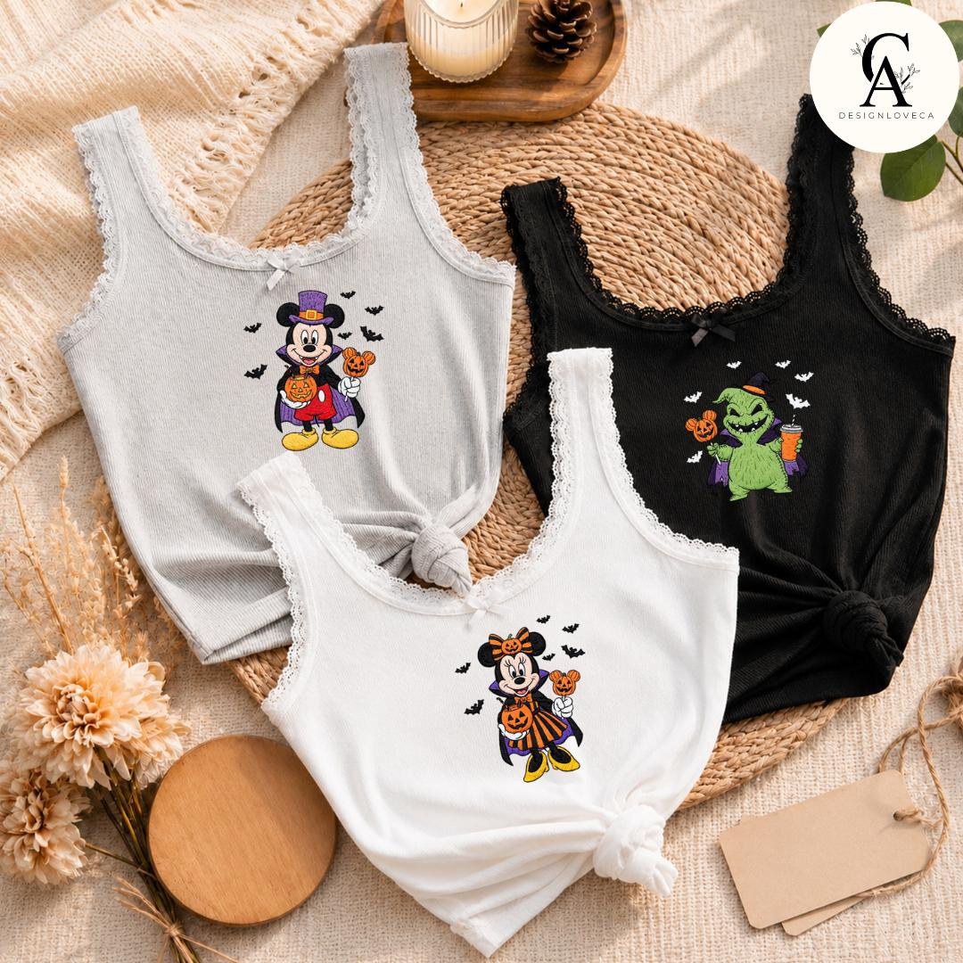 Embroidered All Characters Pumpkin Disney Halloween Baby Tee Crop Tank With Jack Skellington – Oogie Boogie Bash Snacks Lace Trim Tank