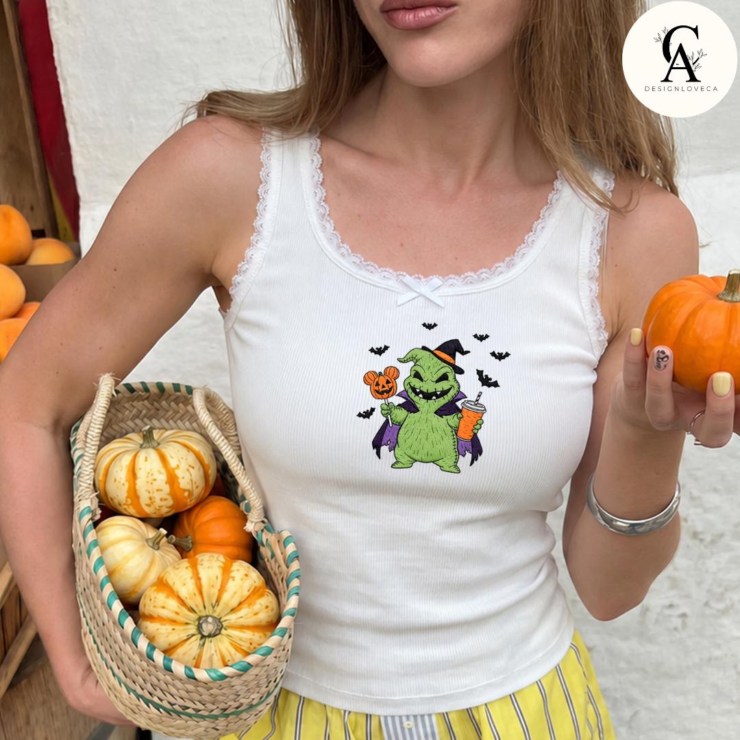 Embroidered All Characters Pumpkin Disney Halloween Baby Tee Crop Tank With Jack Skellington – Oogie Boogie Bash Snacks Lace Trim Tank - photo 3