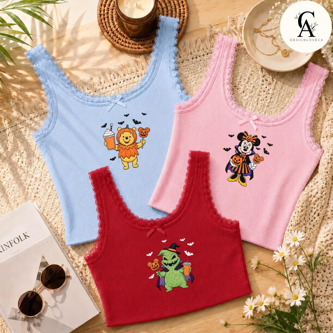 Embroidered All Characters Pumpkin Disney Halloween Baby Tee Crop Tank With Jack Skellington – Oogie Boogie Bash Snacks Lace Trim Tank - photo 6