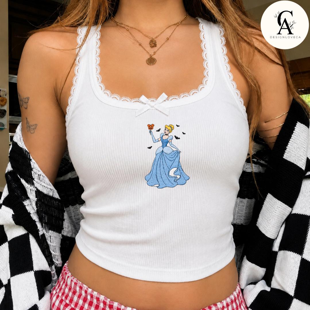 Embroidered All Characters Pumpkin Disney Halloween Baby Tee Crop Tank With Jack Skellington – Oogie Boogie Bash Snacks Lace Trim Tank - photo 7