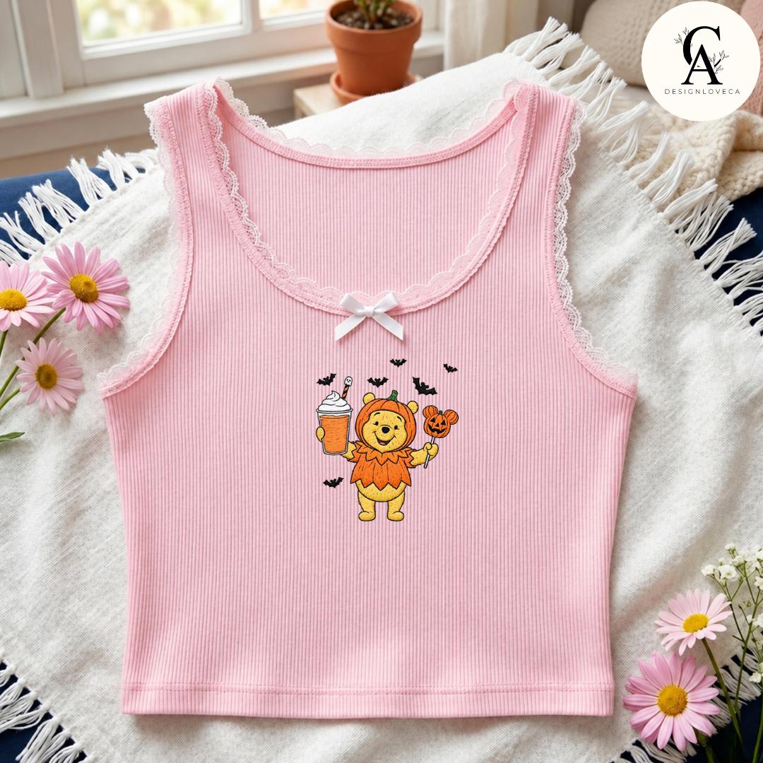 Embroidered All Characters Pumpkin Disney Halloween Baby Tee Crop Tank With Jack Skellington – Oogie Boogie Bash Snacks Lace Trim Tank - photo 8