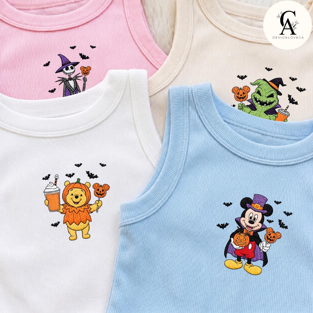 Embroidered All Characters Pumpkin Disney Halloween Baby Tee Crop Tank With Jack Skellington – Oogie Boogie Bash Snacks Lace Trim Tank - photo 9