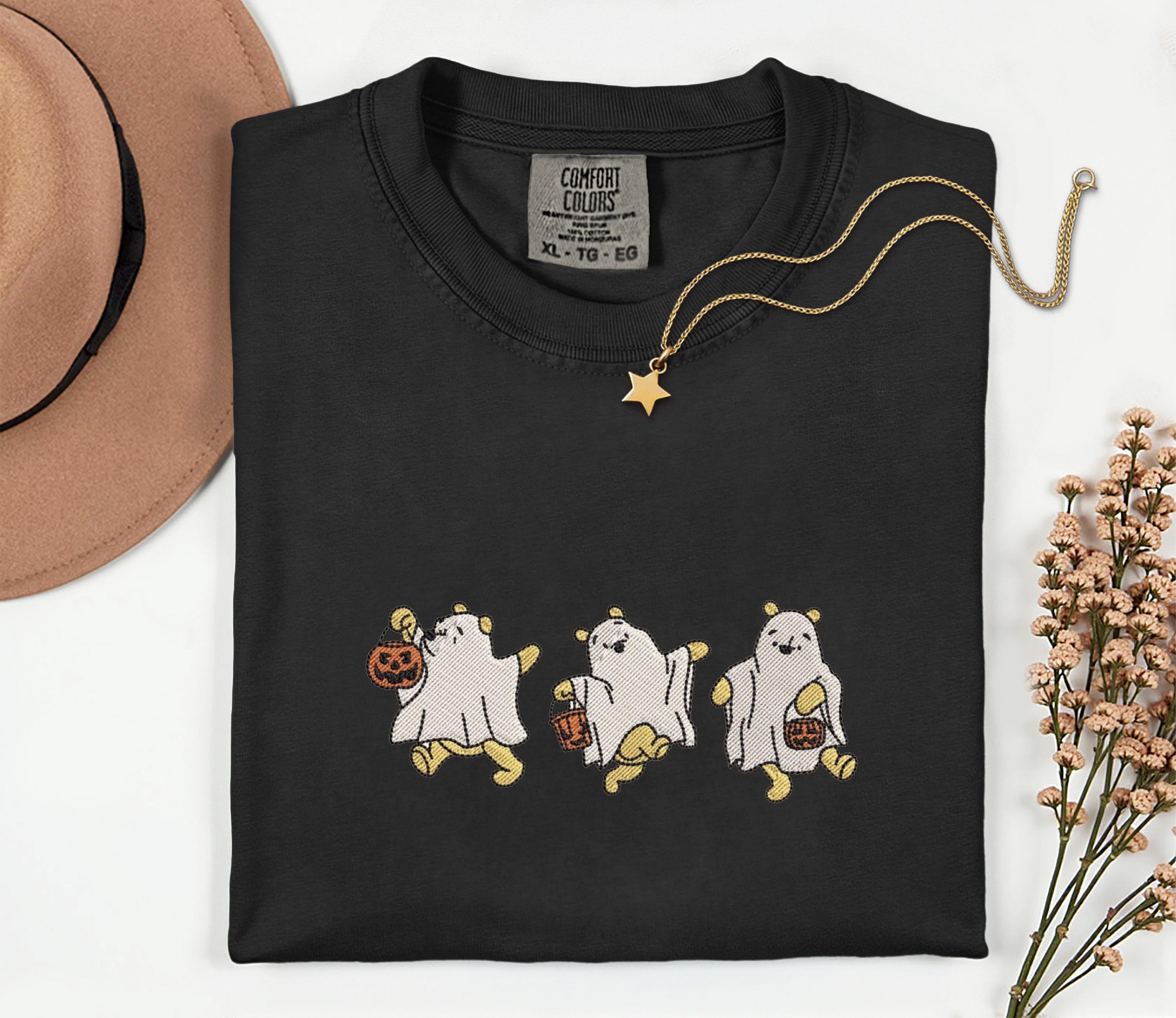 Disney Winnie the Pooh Halloween Embroidery Shirt – Pooh Bear Comfort Colors Embroidered Ghost Shirt for Spooky Disney Trip