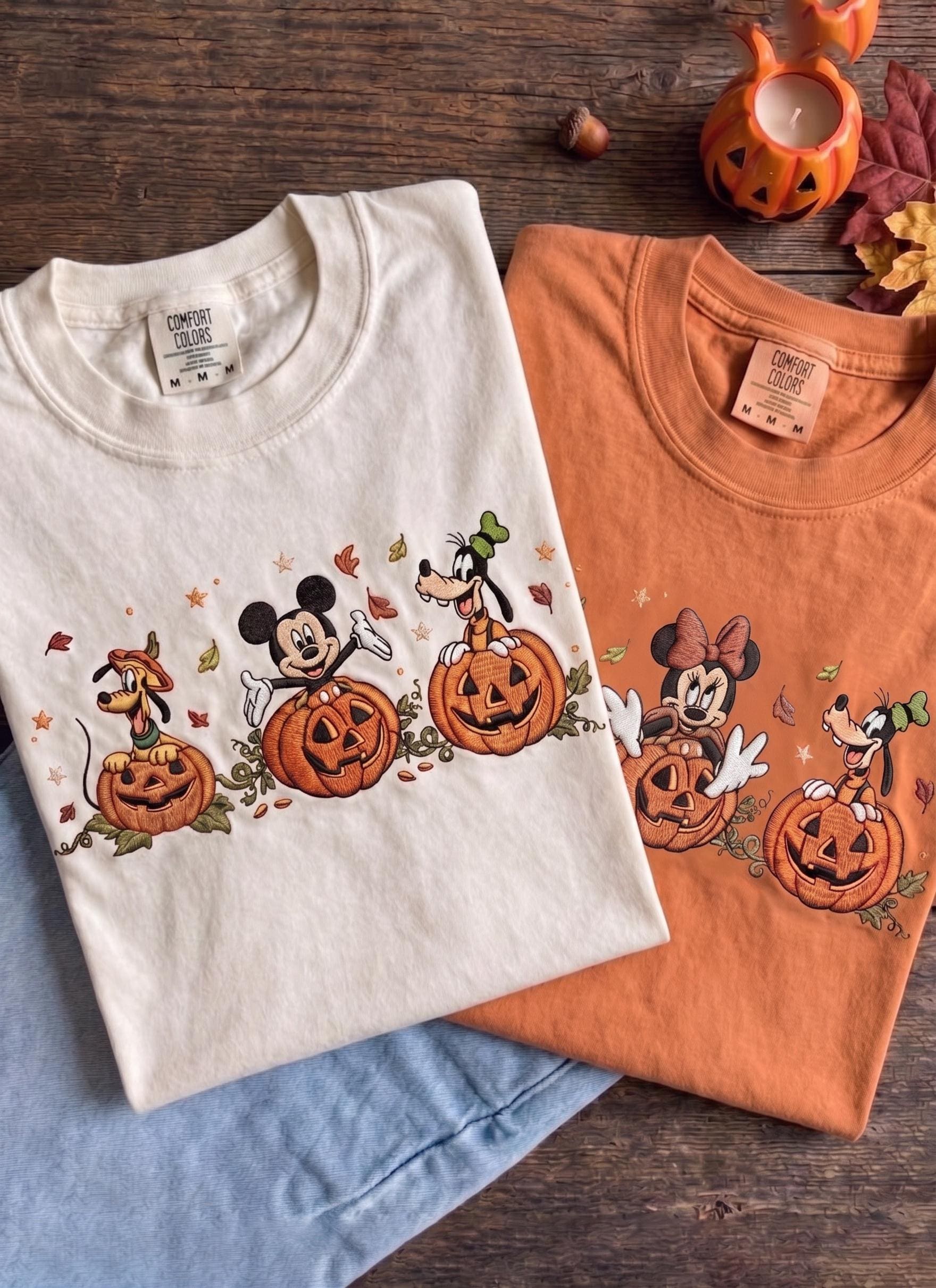 Embroidered Mickey and Minnie Pumpkin Shirt for Disney Halloween – Fall Pumpkin Season Disney Tee for Theme Park Fans
