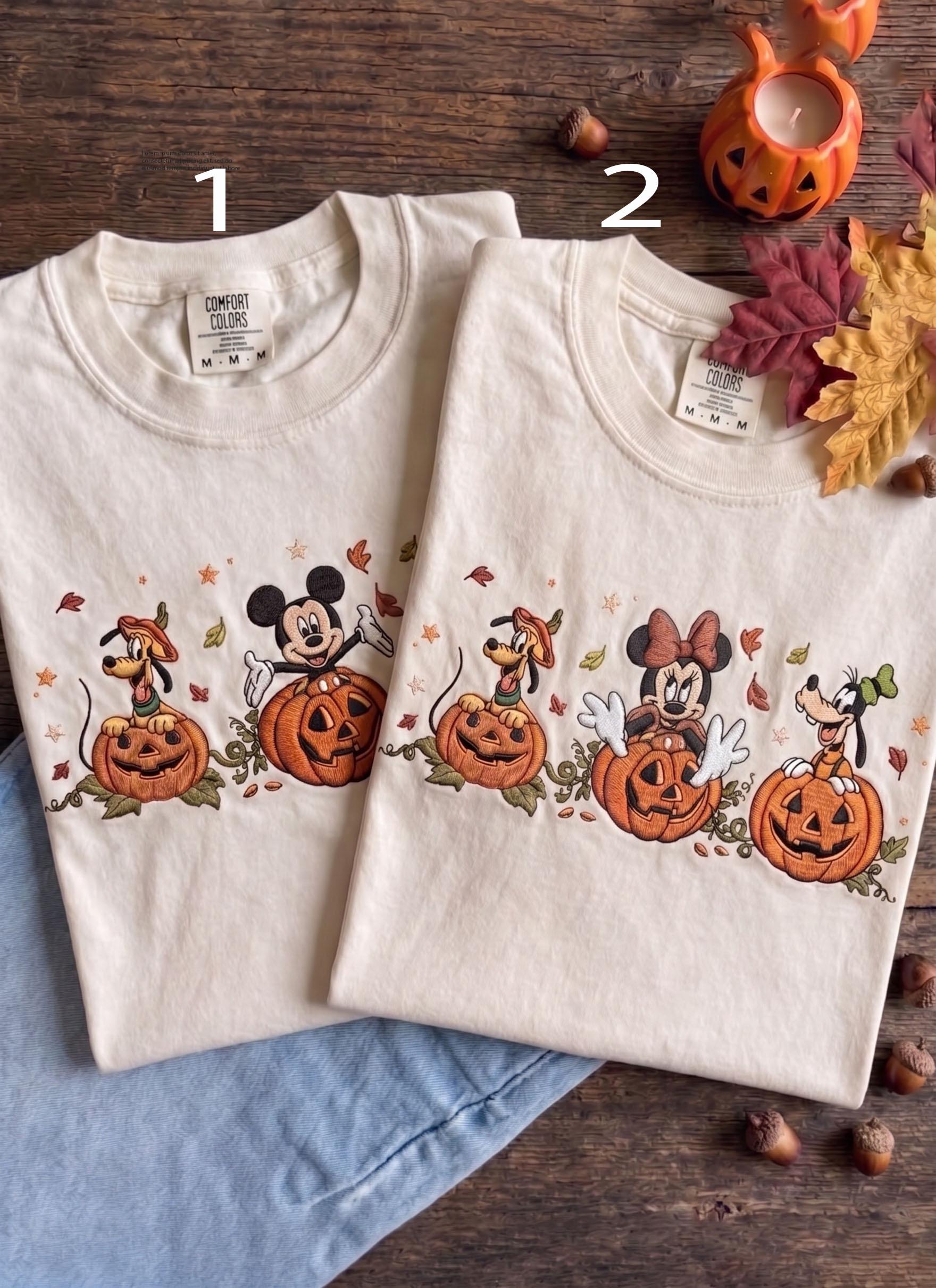 Embroidered Mickey and Minnie Pumpkin Shirt for Disney Halloween – Fall Pumpkin Season Disney Tee for Theme Park Fans - photo 2