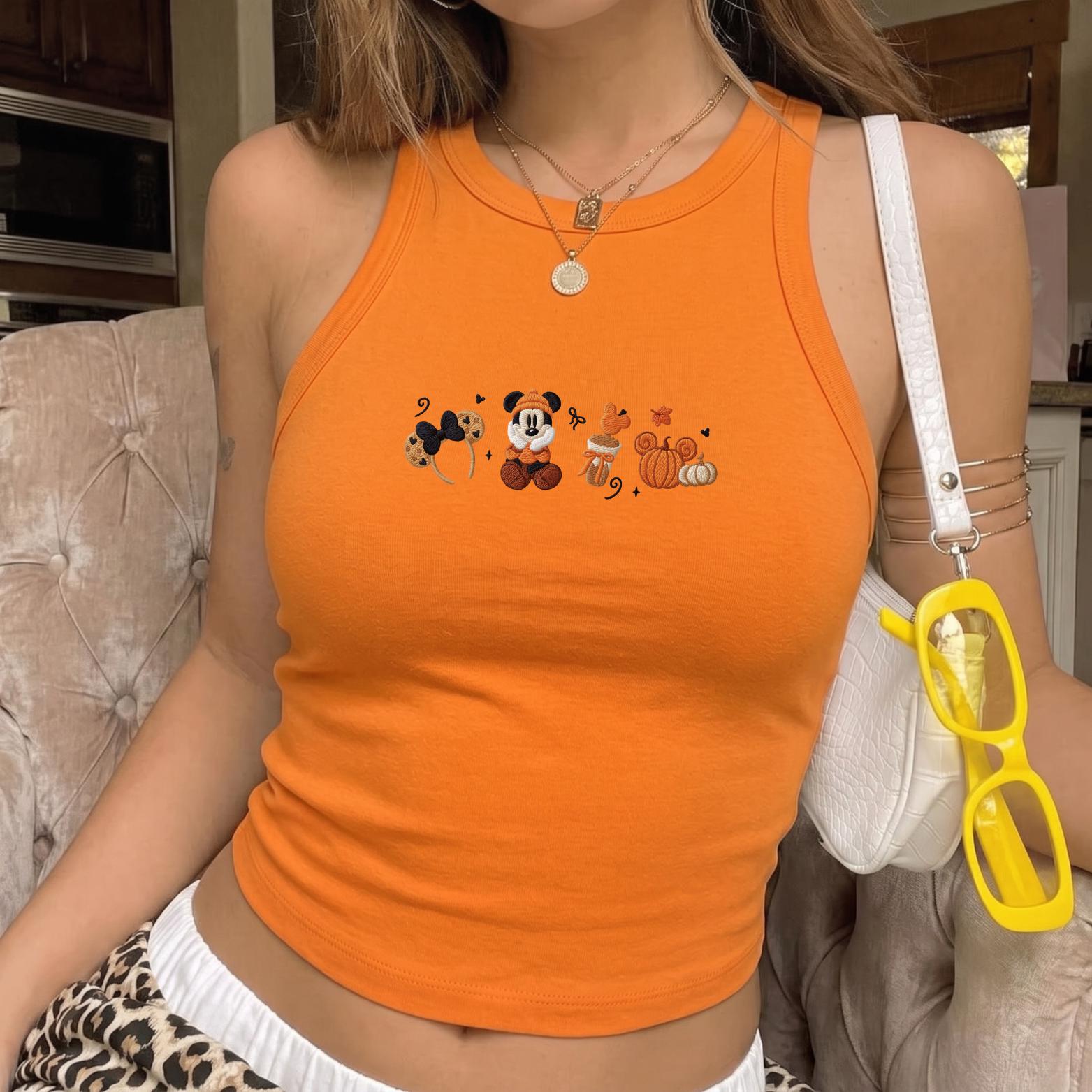 Embroidered Disney Fall Vibes Halloween Tank Top With Mickey Pumpkin – Tis the Season Autumn Baby Tee for WDW Disneyland Fall Trip - photo 2