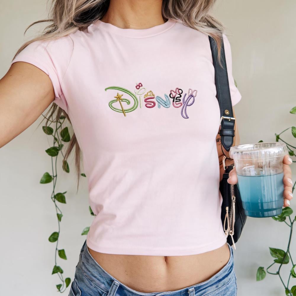 Disney Princess Embroidered Baby Tee – Princess Embroidery T-Shirt and Y2K Disney Top for Disney Lover Gift