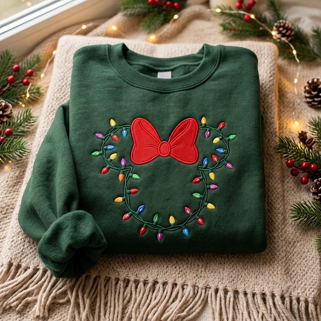 Embroidered Minnie Christmas Lights Sweatshirt – Disney Christmas Lights Shirt With Minnie Bow for Mickey Holiday Family Crewneck