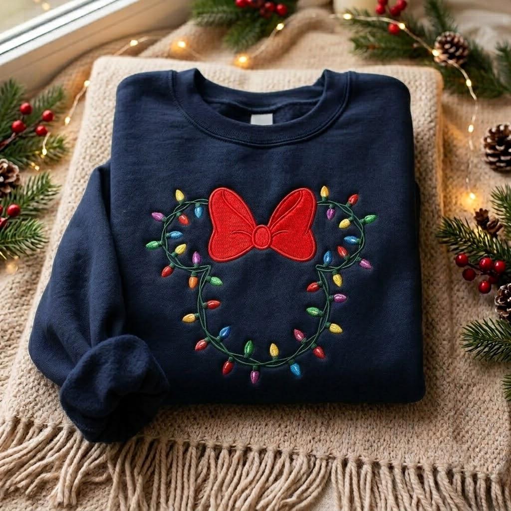 Embroidered Minnie Christmas Lights Sweatshirt – Disney Christmas Lights Shirt With Minnie Bow for Mickey Holiday Family Crewneck - photo 2