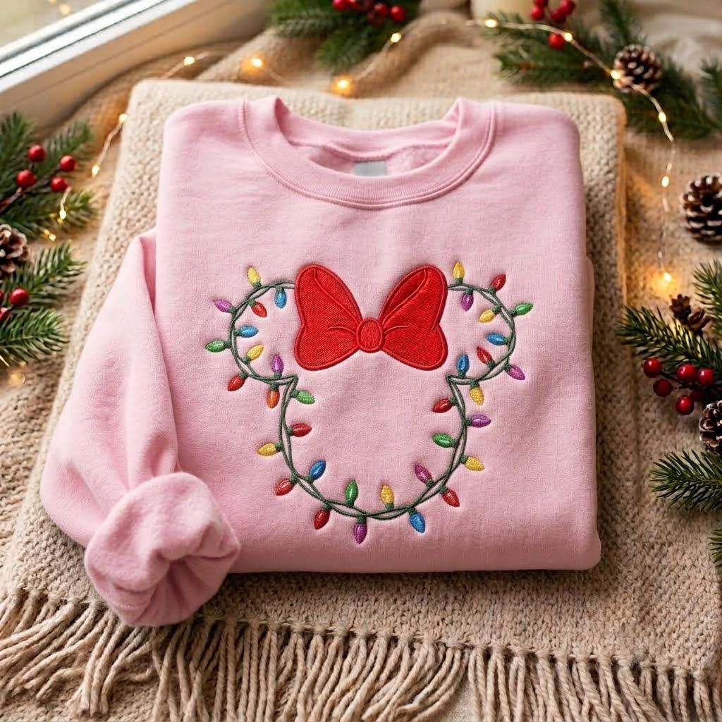Embroidered Minnie Christmas Lights Sweatshirt – Disney Christmas Lights Shirt With Minnie Bow for Mickey Holiday Family Crewneck - photo 3