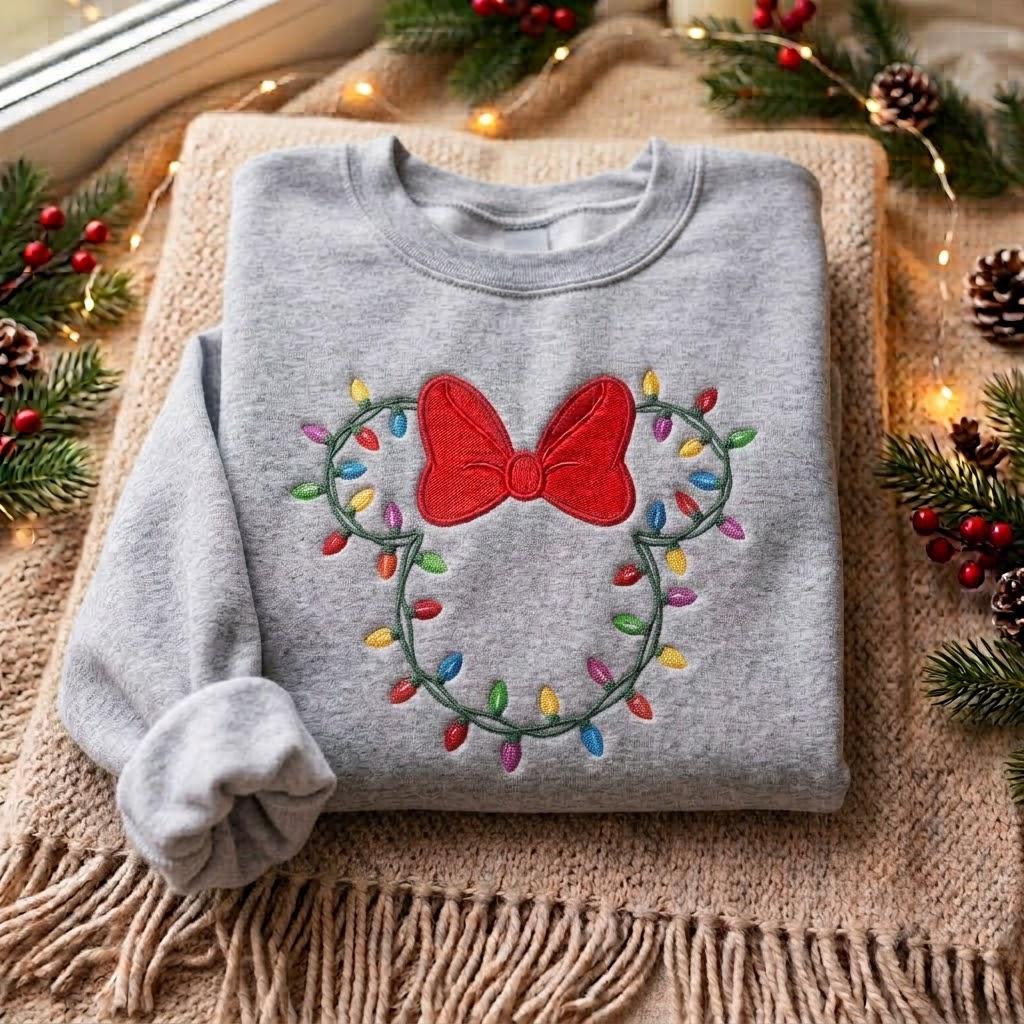 Embroidered Minnie Christmas Lights Sweatshirt – Disney Christmas Lights Shirt With Minnie Bow for Mickey Holiday Family Crewneck - photo 4