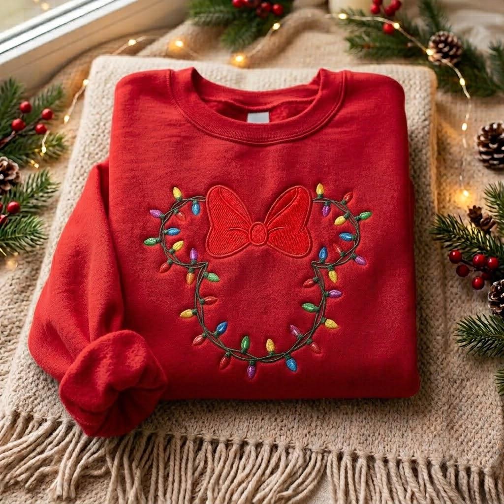 Embroidered Minnie Christmas Lights Sweatshirt – Disney Christmas Lights Shirt With Minnie Bow for Mickey Holiday Family Crewneck - photo 5