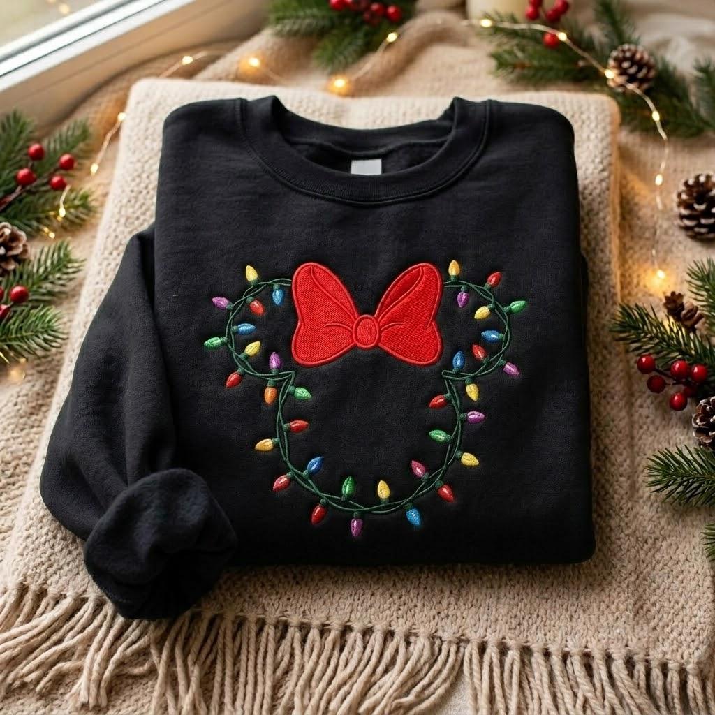 Embroidered Minnie Christmas Lights Sweatshirt – Disney Christmas Lights Shirt With Minnie Bow for Mickey Holiday Family Crewneck - photo 6