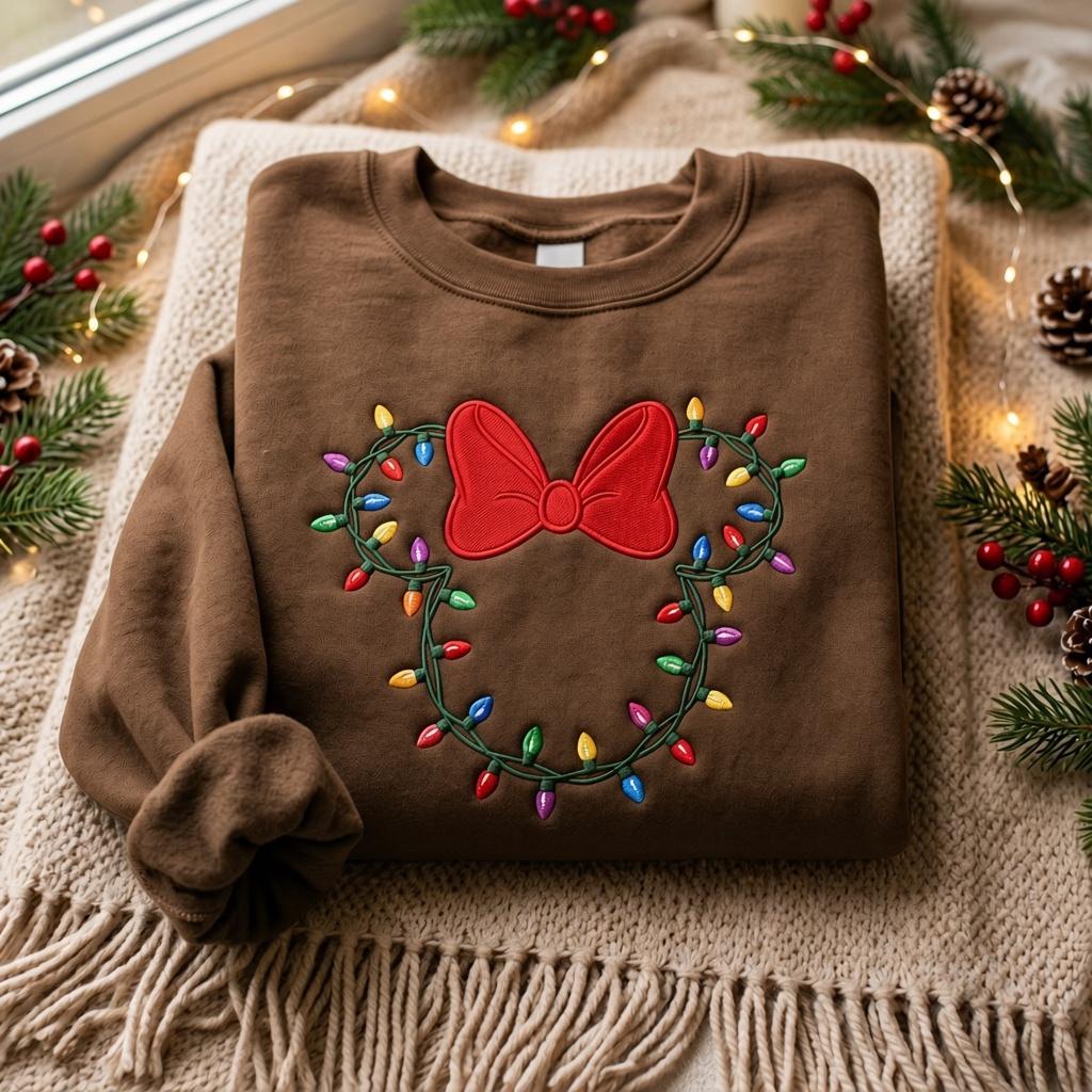 Embroidered Minnie Christmas Lights Sweatshirt – Disney Christmas Lights Shirt With Minnie Bow for Mickey Holiday Family Crewneck - photo 7
