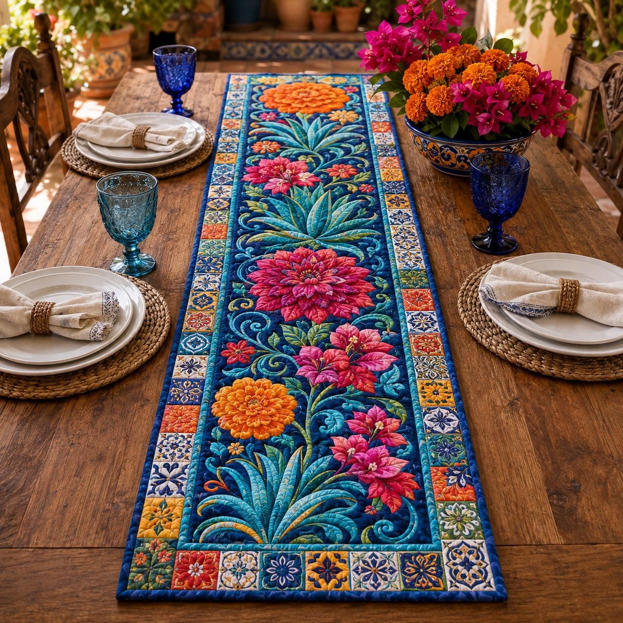 Talavera Floral Table Runner with Blue Mexican Tile and Quilted Boho Dining Decor for Colorful Flower Table Centerpiece