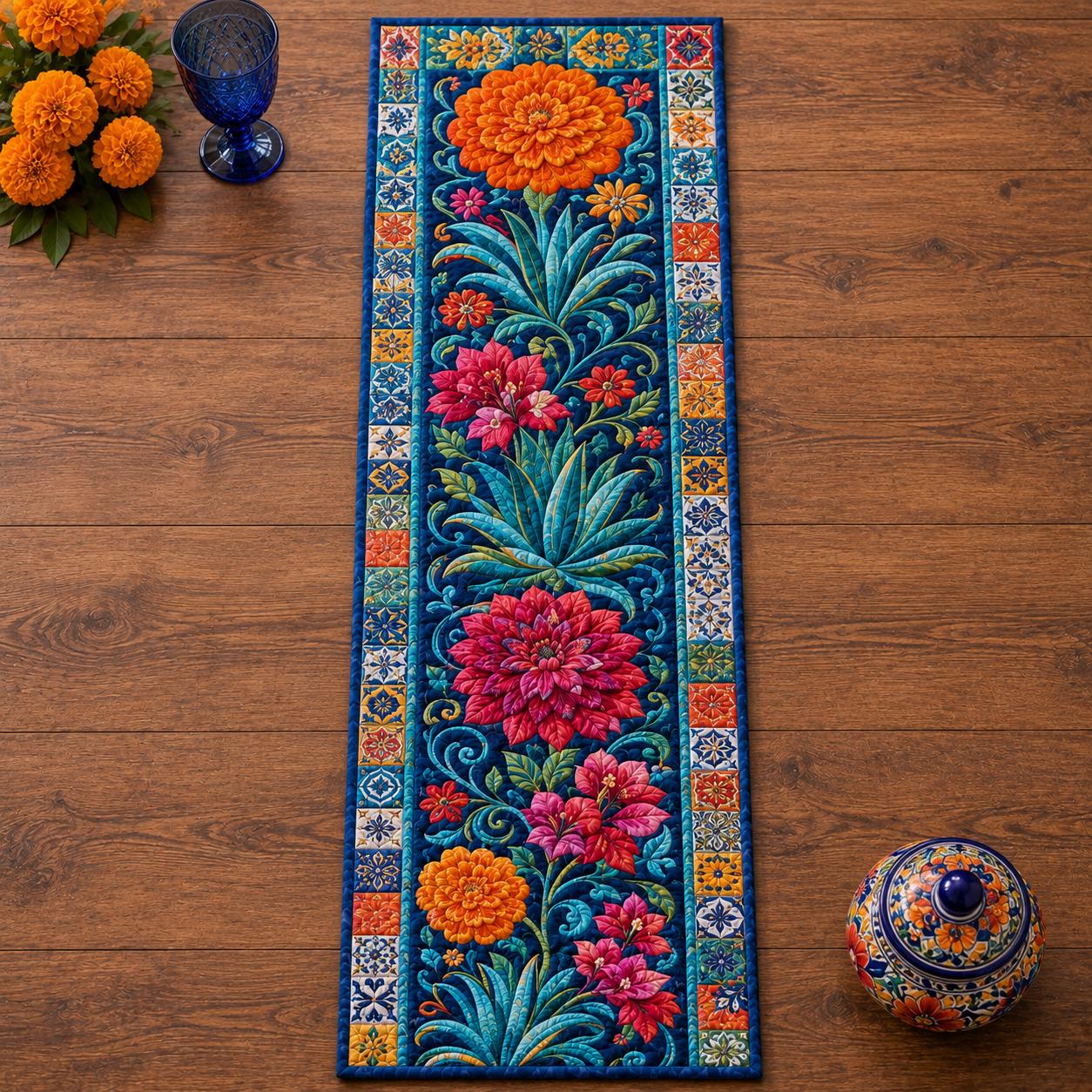 Talavera Floral Table Runner with Blue Mexican Tile and Quilted Boho Dining Decor for Colorful Flower Table Centerpiece - photo 2