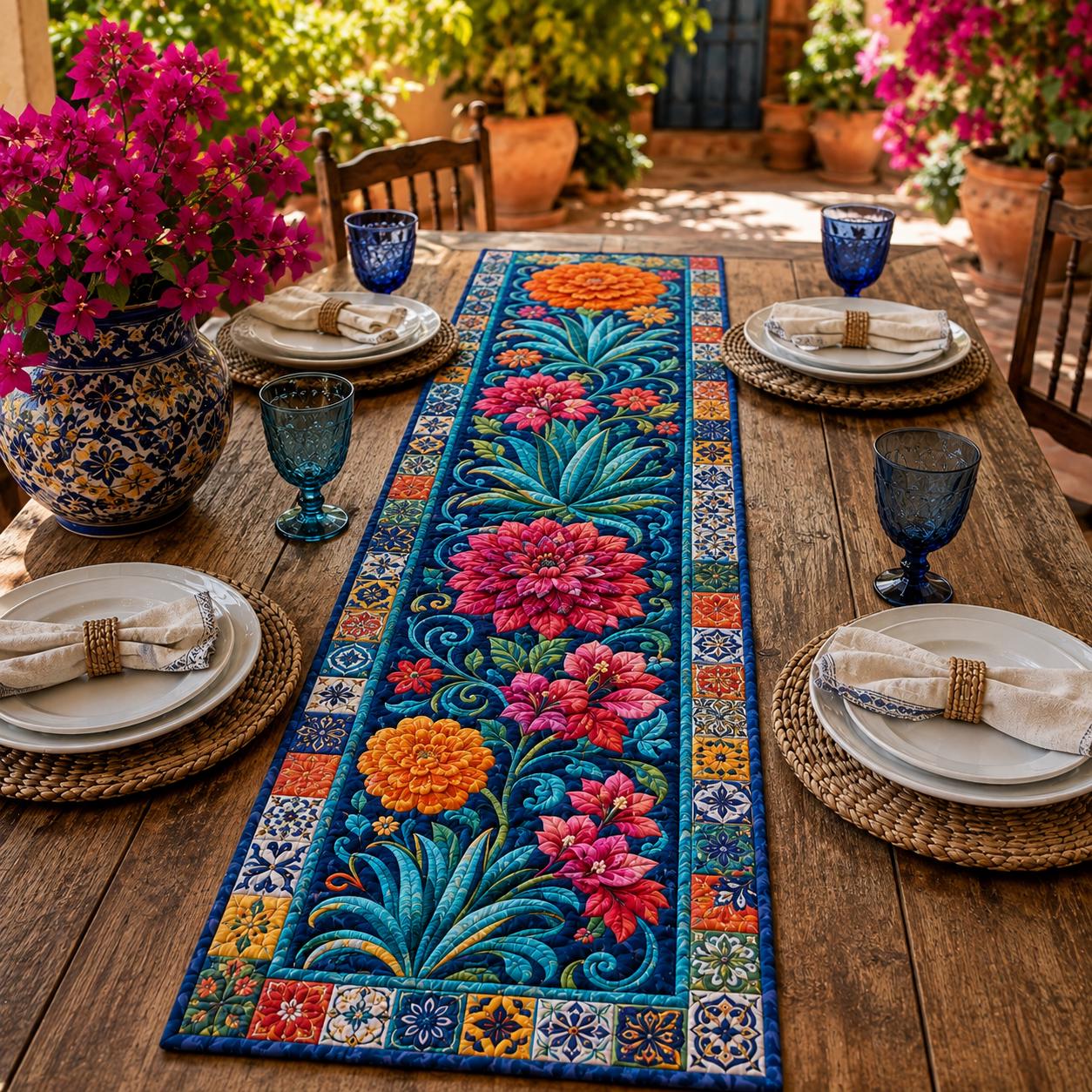 Talavera Floral Table Runner with Blue Mexican Tile and Quilted Boho Dining Decor for Colorful Flower Table Centerpiece - photo 3