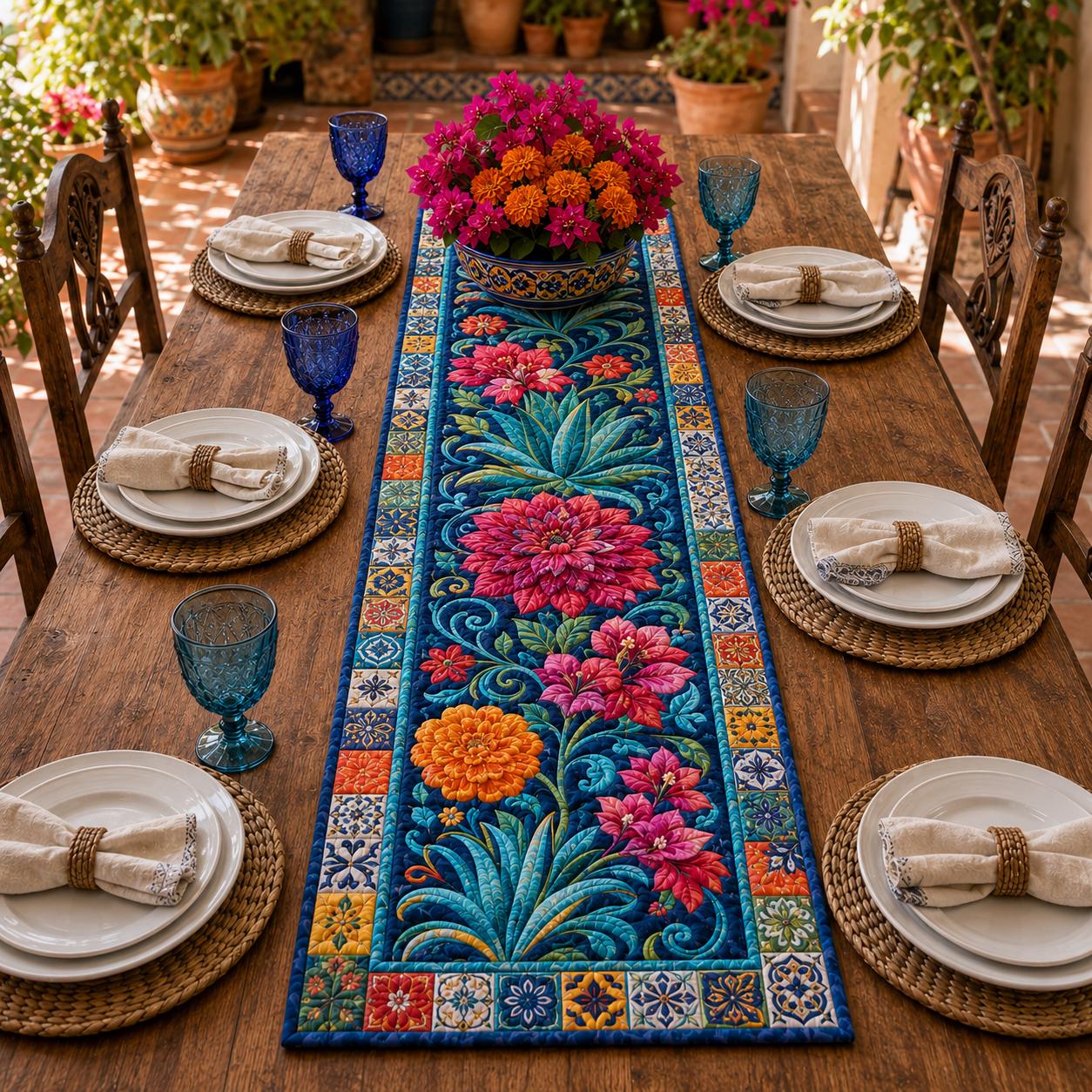Talavera Floral Table Runner with Blue Mexican Tile and Quilted Boho Dining Decor for Colorful Flower Table Centerpiece - photo 5