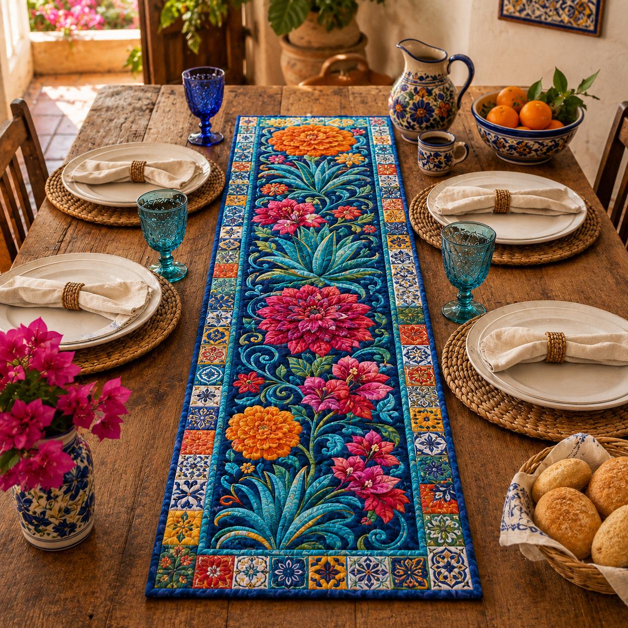 Talavera Floral Table Runner with Blue Mexican Tile and Quilted Boho Dining Decor for Colorful Flower Table Centerpiece - photo 6
