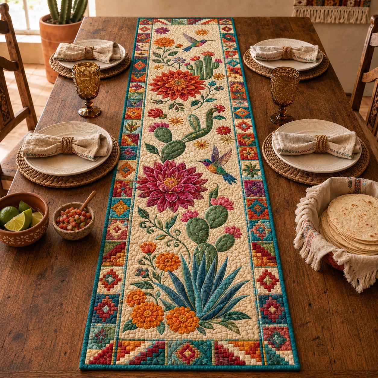 Southwestern Cactus Table Runner with Quilted Desert Floral Hummingbird Design for Boho Mexican Dining Room Decor