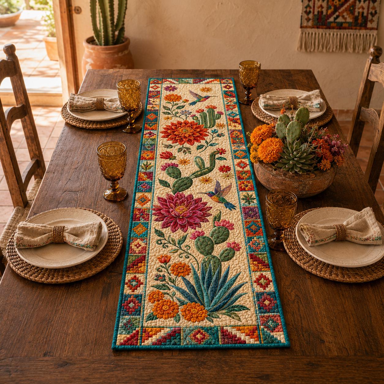 Southwestern Cactus Table Runner with Quilted Desert Floral Hummingbird Design for Boho Mexican Dining Room Decor - photo 2