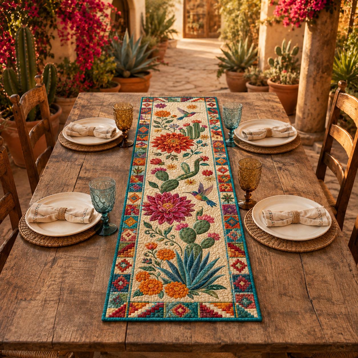 Southwestern Cactus Table Runner with Quilted Desert Floral Hummingbird Design for Boho Mexican Dining Room Decor - photo 3
