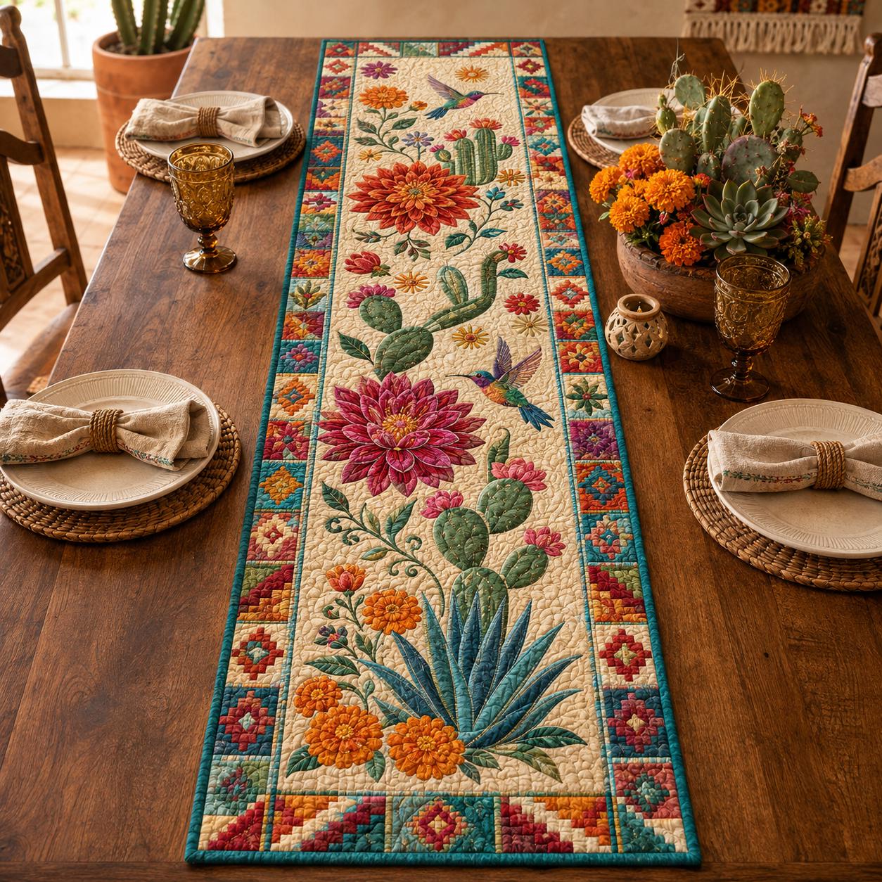 Southwestern Cactus Table Runner with Quilted Desert Floral Hummingbird Design for Boho Mexican Dining Room Decor - photo 5