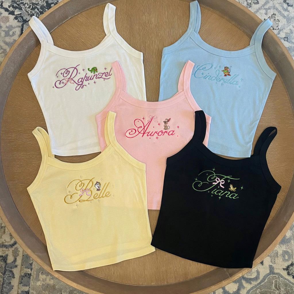 Custom Disney Princess Signature Embroidered Spaghetti Strap Tank Top – Magic Kingdom Baby Tee for Disney Girly Group Trip