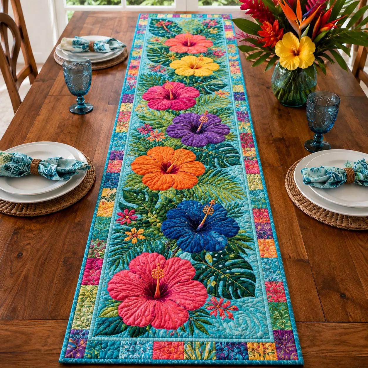 Colorful Tropical Hibiscus Hawaiian Floral Style Table Runner, Island Flower Summer Dining Decor and Table Centerpiece
