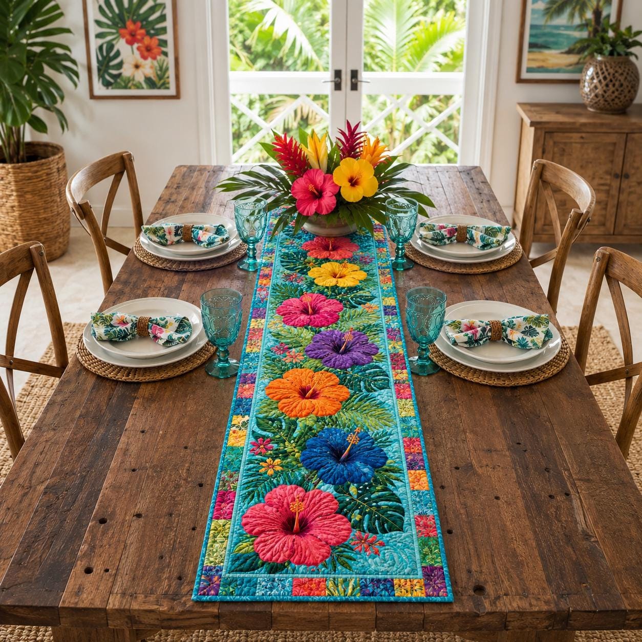 Colorful Tropical Hibiscus Hawaiian Floral Style Table Runner, Island Flower Summer Dining Decor and Table Centerpiece - photo 2