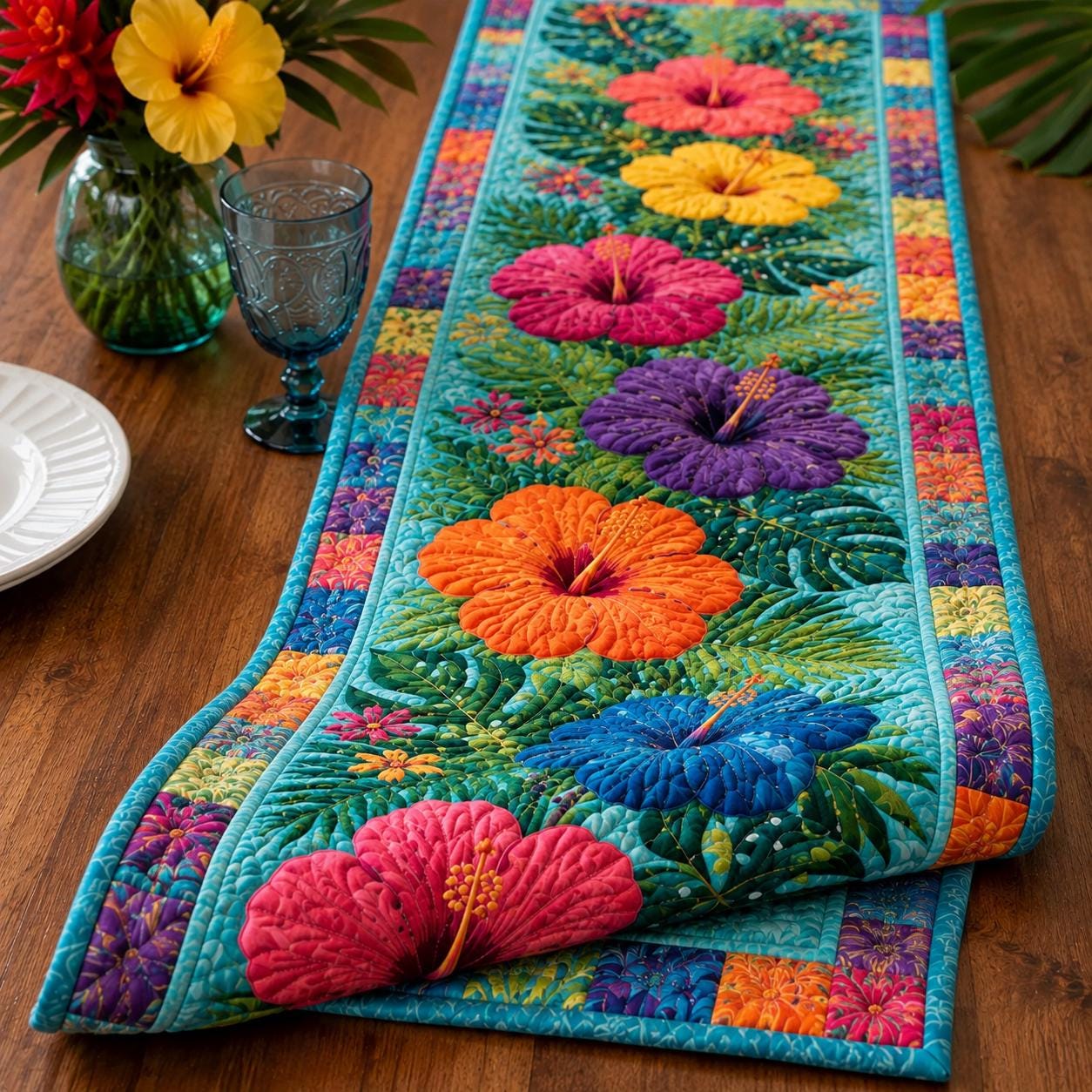 Colorful Tropical Hibiscus Hawaiian Floral Style Table Runner, Island Flower Summer Dining Decor and Table Centerpiece - photo 3
