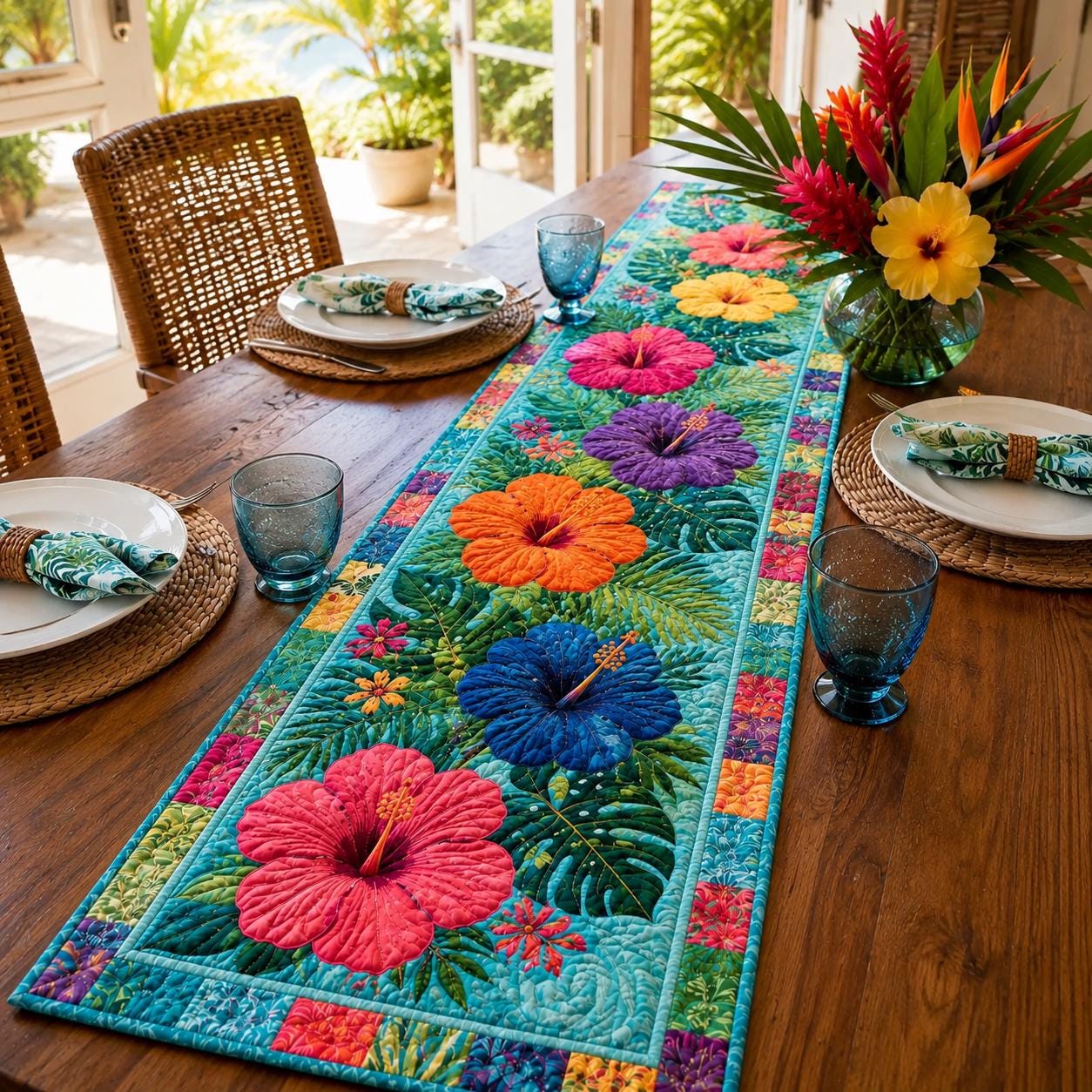 Colorful Tropical Hibiscus Hawaiian Floral Style Table Runner, Island Flower Summer Dining Decor and Table Centerpiece - photo 5