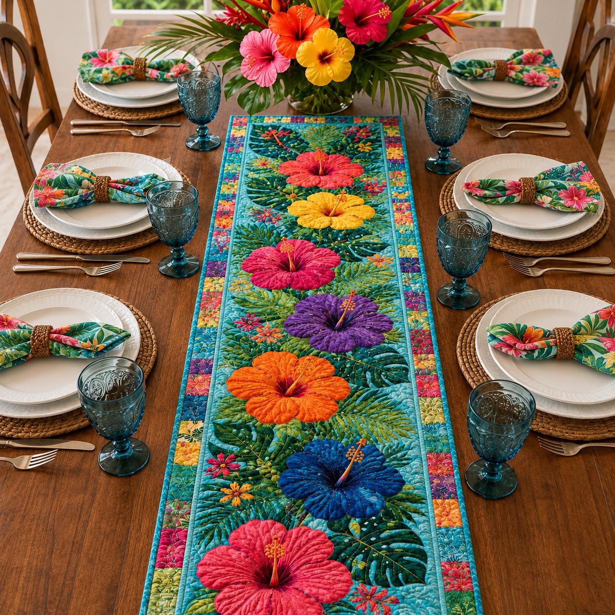 Colorful Tropical Hibiscus Hawaiian Floral Style Table Runner, Island Flower Summer Dining Decor and Table Centerpiece - photo 6