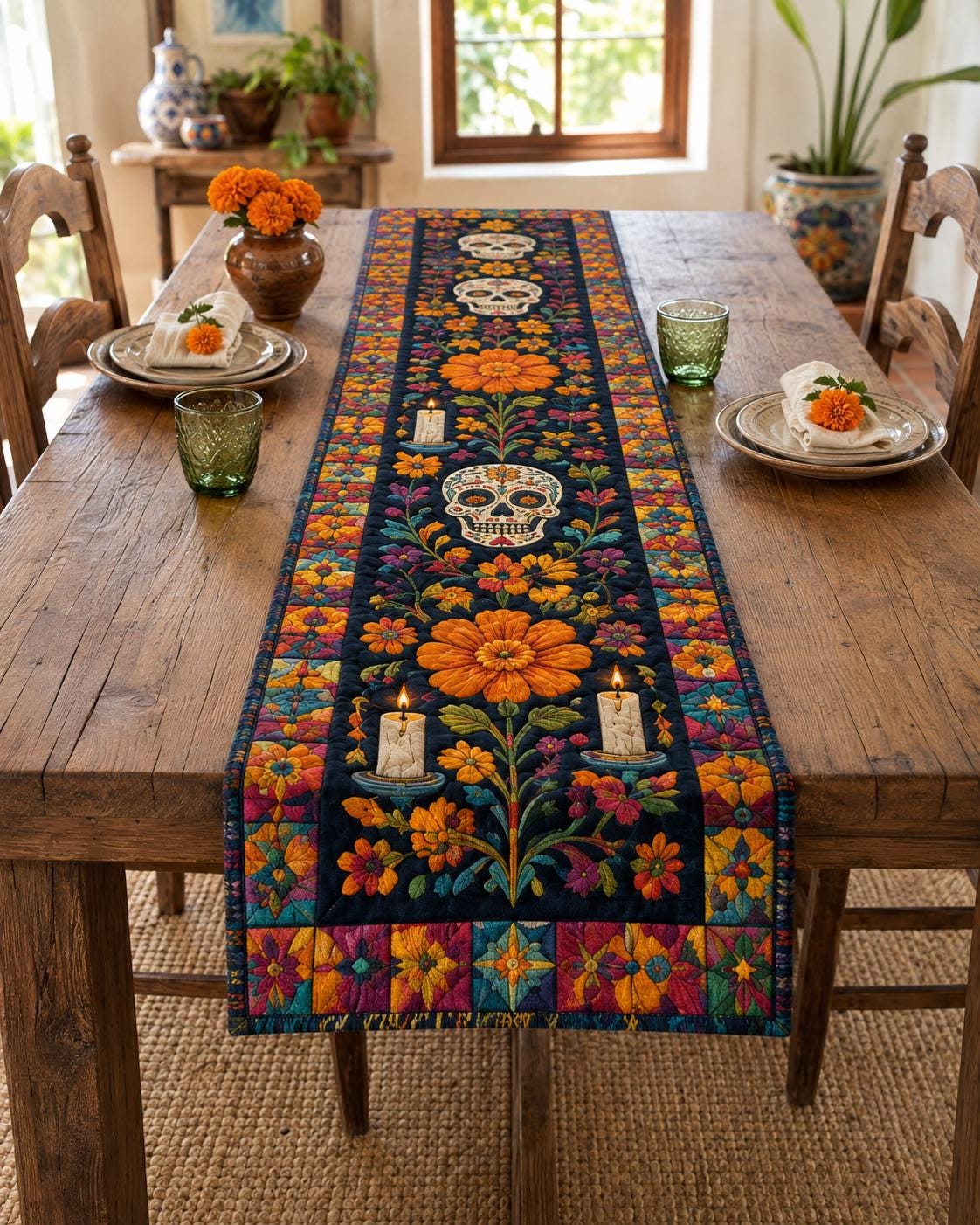 Colorful Folk Art Floral Mexican Style Table Runner, Southwestern Hacienda Style and Dining Table Decor