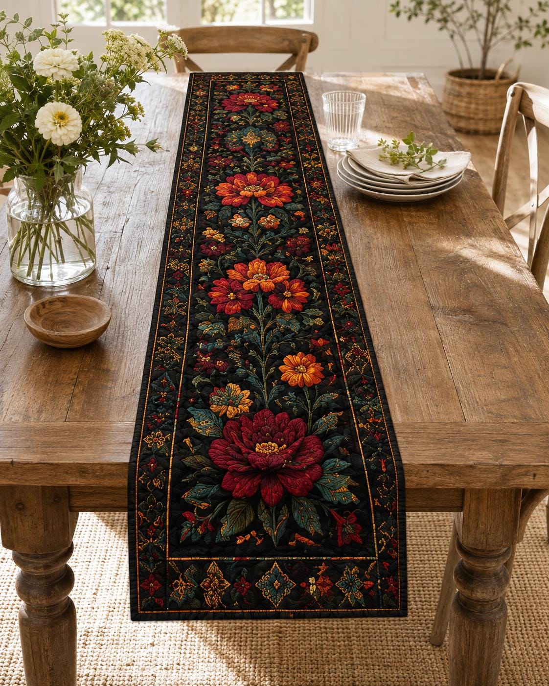 Colorful Folk Art Floral Mexican Style Table Runner, Southwestern Hacienda Style and Dining Table Decor - photo 7