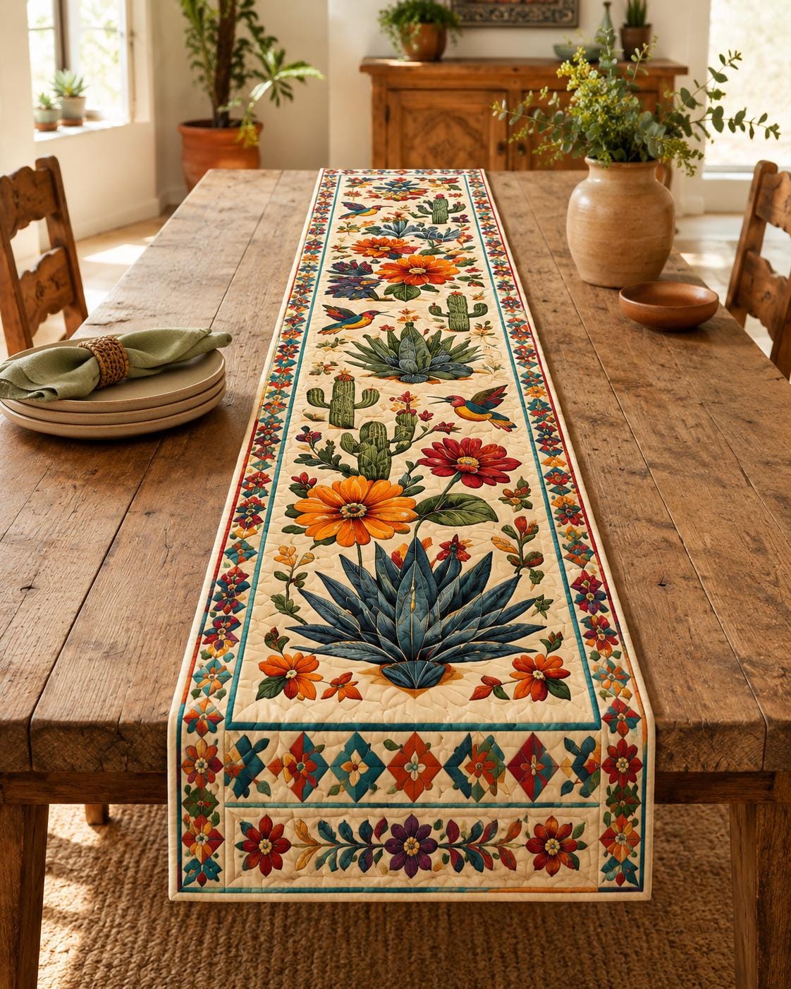 Colorful Folk Art Floral Mexican Style Table Runner, Southwestern Hacienda Style and Dining Table Decor - photo 9