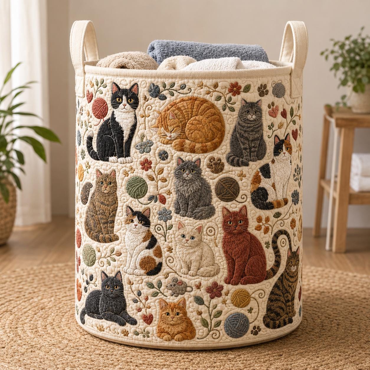Cute Kitty and Cat Quilt Style Laundry Hamper Storage Basket, Yarn Floral Clothes Bin and Cat Lover Home Decor