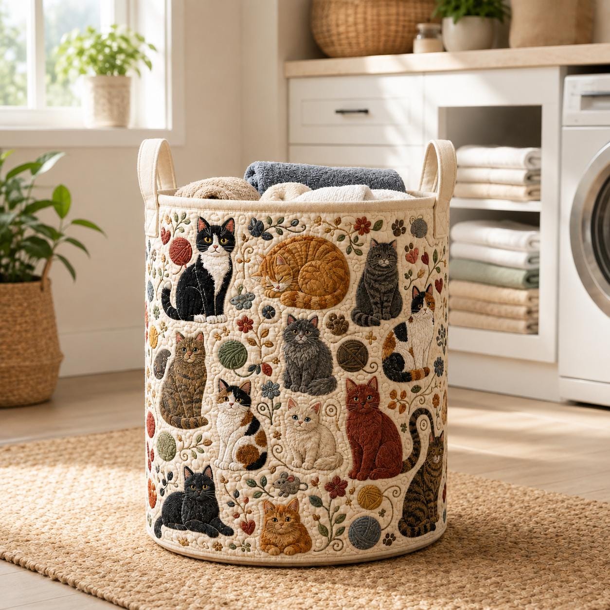 Cute Kitty and Cat Quilt Style Laundry Hamper Storage Basket, Yarn Floral Clothes Bin and Cat Lover Home Decor - photo 2