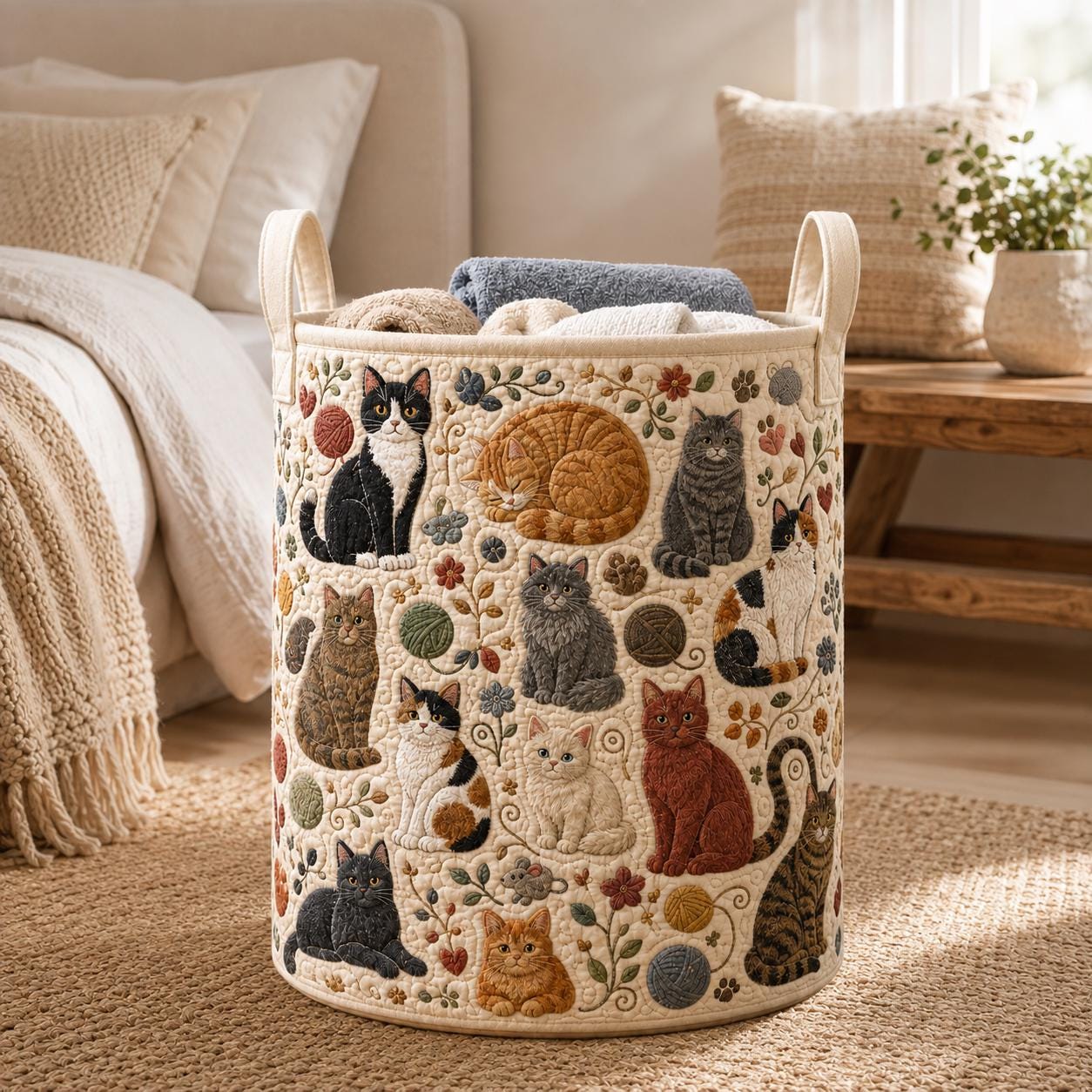 Cute Kitty and Cat Quilt Style Laundry Hamper Storage Basket, Yarn Floral Clothes Bin and Cat Lover Home Decor - photo 3