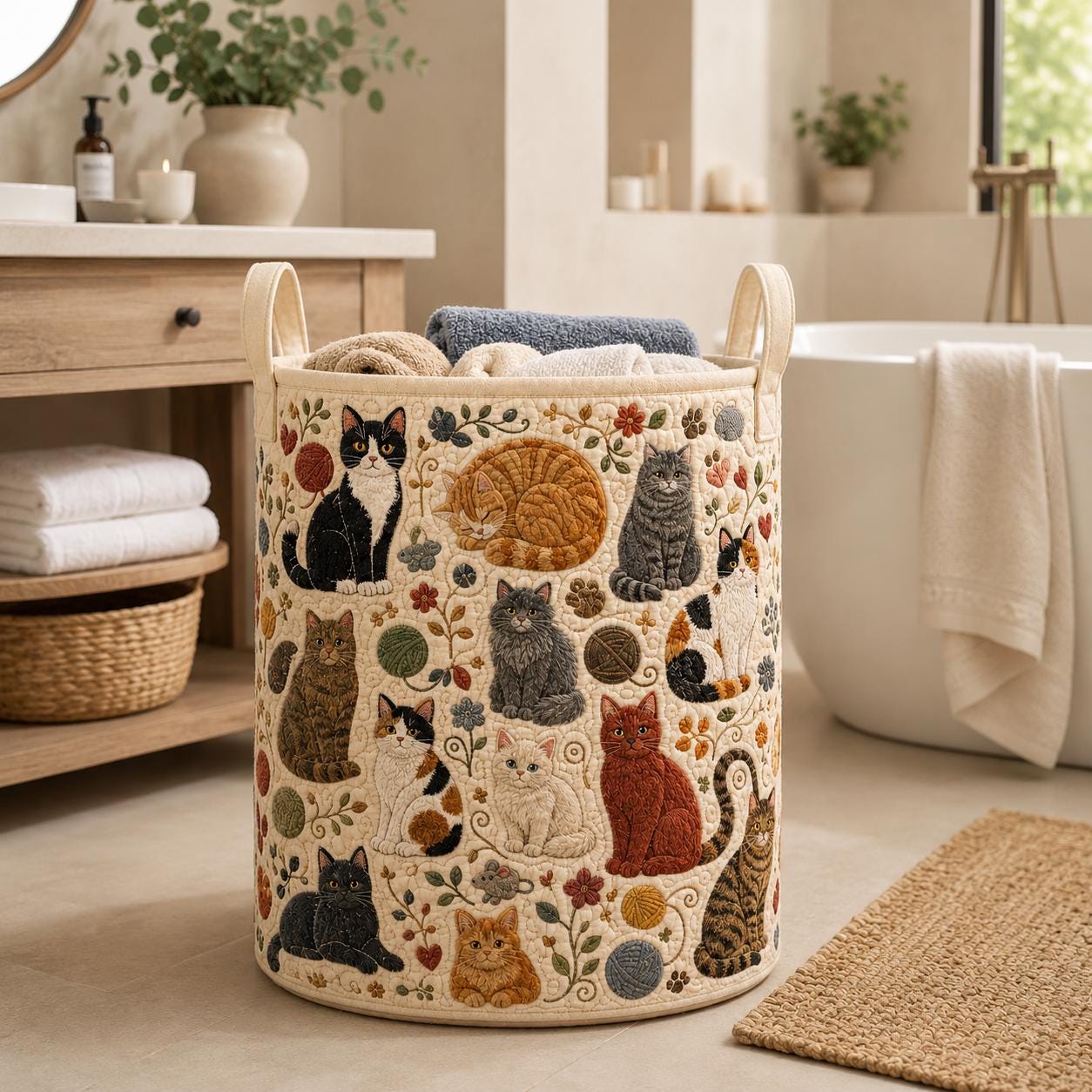 Cute Kitty and Cat Quilt Style Laundry Hamper Storage Basket, Yarn Floral Clothes Bin and Cat Lover Home Decor - photo 5
